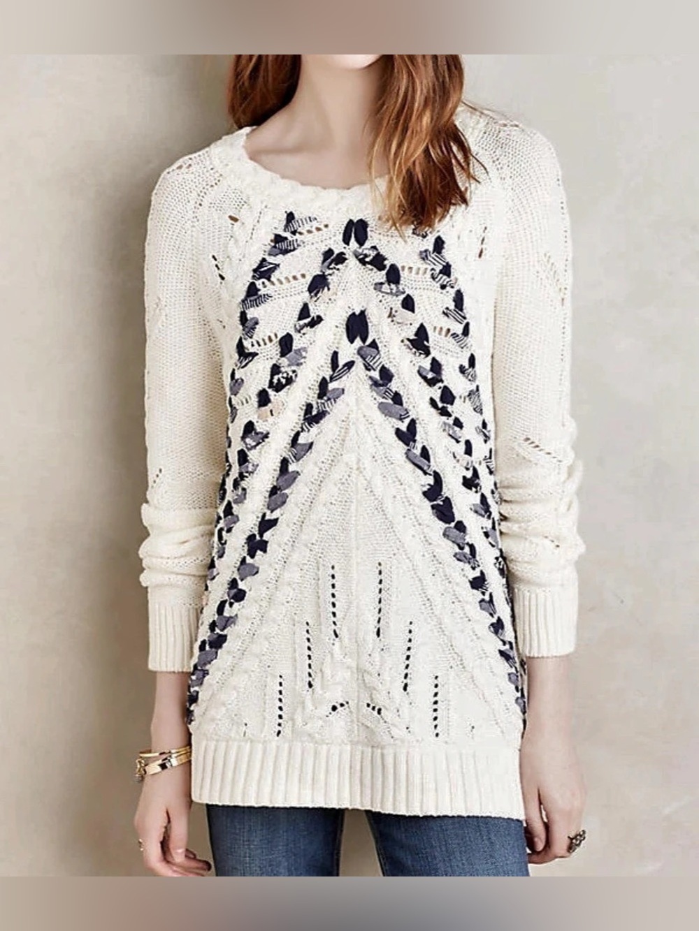 Knitted&Knotted by Anthropologie Cream with Blue Braided Detail Sweater - Size M